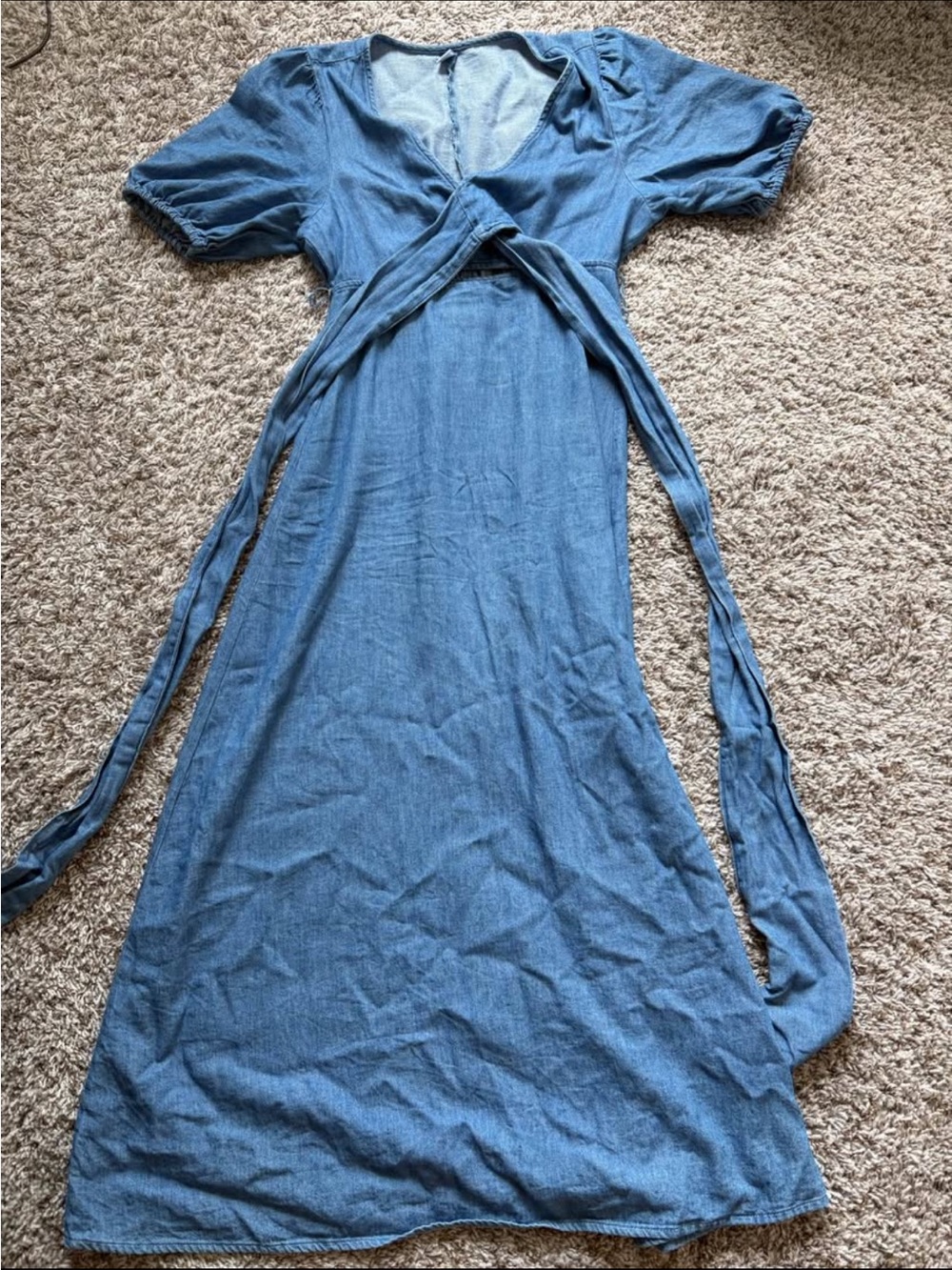 Blue Chambray Wrap Maxi Dress with Puff Sleeves